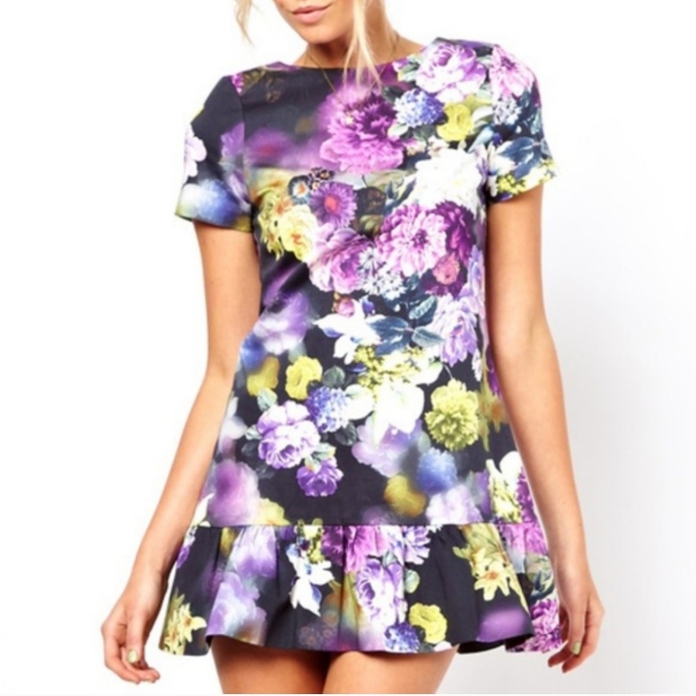 ASOS Petite Black Floral Mini Dress with Purple & Yellow Accents